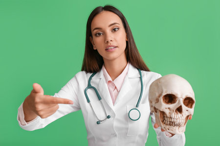Female doctor with human skull on color backgroundの写真素材