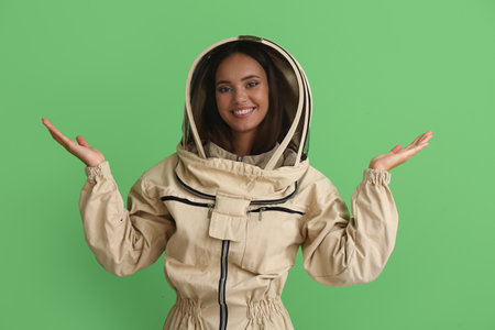 Female beekeeper on color backgroundの写真素材