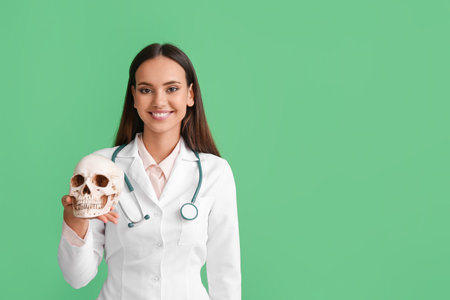 Female doctor with human skull on color backgroundの写真素材