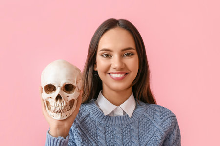 Young woman with human skull on color backgroundの写真素材