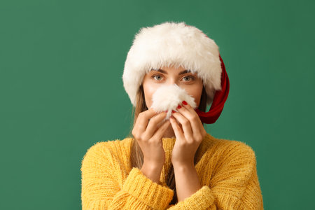 Beautiful young woman in Santa hat on green backgroundの写真素材