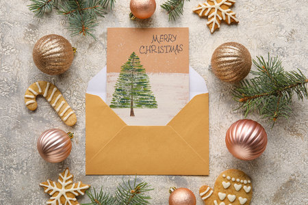 Greeting card with text MERRY CHRISTMAS, cookies and Christmas decor on grunge backgroundの写真素材