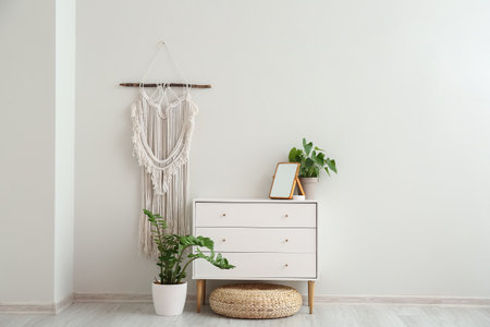 Modern chest of drawers and houseplants near white wallの写真素材