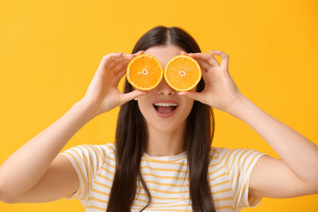 Funny young woman with orange on color backgroundの写真素材