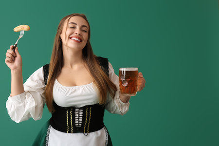 Beautiful Octoberfest waitress with pale beer and sausage on green backgroundの写真素材