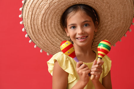 Happy little Mexican girl in sombrero hat with maracas on red background, closeupの写真素材