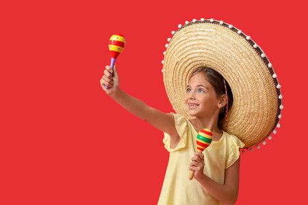 Happy little Mexican girl in sombrero hat with maracas on red backgroundの写真素材