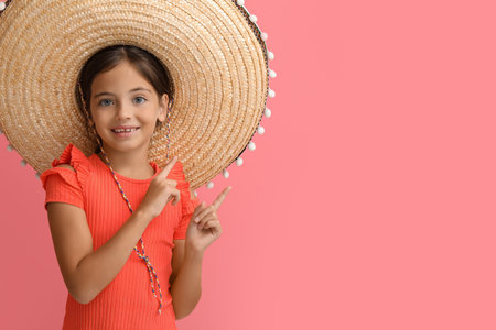 Little Mexican girl in sombrero hat pointing at something on pink backgroundの写真素材