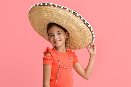 Little Mexican girl in sombrero hat on pink backgroundの写真素材