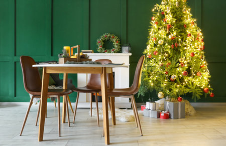 Interior of living room with table setting for Christmas dinnerの写真素材