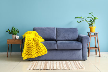 Interior of stylish living room with blue sofa and houseplantsの写真素材