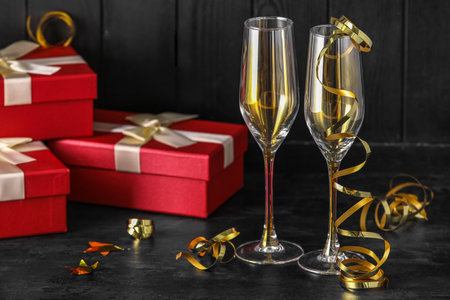 Glasses with serpentine and Christmas presents on dark wooden backgroundの写真素材