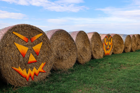 Haystacks decorated for Halloween at farmの写真素材