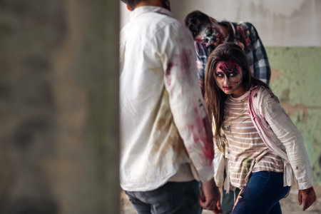 Scary zombies in ruined buildingの写真素材