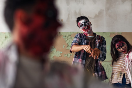 Scary zombies in ruined buildingの写真素材