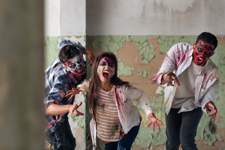 Scary zombies in ruined buildingの写真素材