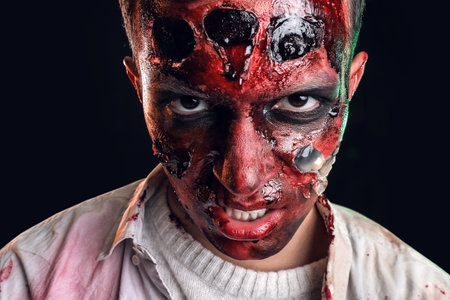 Scary zombie on dark backgroundの写真素材