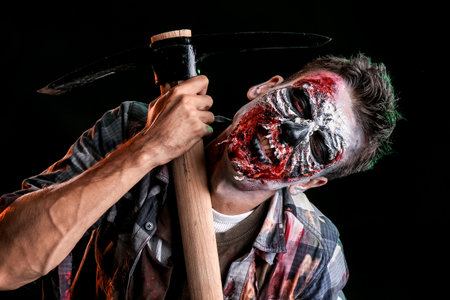 Scary zombie with pick-axe on dark backgroundの写真素材