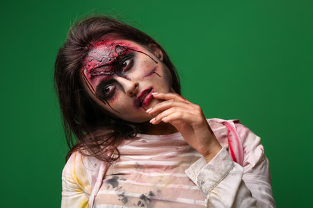Scary zombie woman on color backgroundの写真素材