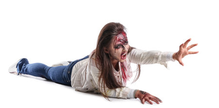 Scary zombie woman on white backgroundの写真素材