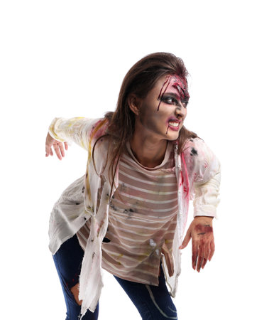 Scary zombie woman on white backgroundの写真素材