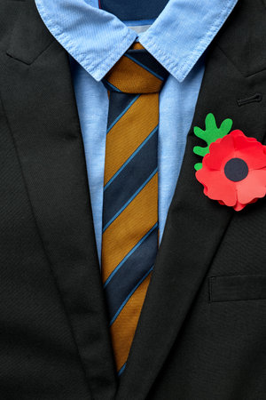 Paper poppy flower pinned on male clothes, top view. Remembrance Dayの写真素材