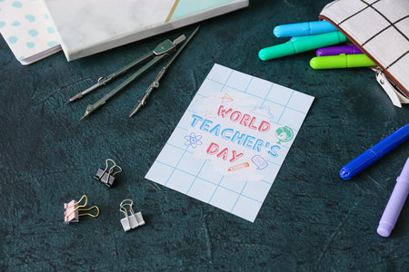 Greeting card for Teacher's Day and stationery on dark color background