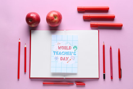 World Teacher's Day. Greeting card, school supplies on lilac background, top viewの写真素材