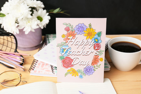 Composition with greeting card on table in classroom. teacher's day celebrationの写真素材