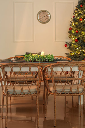 Beautiful table setting for Christmas dinner at home