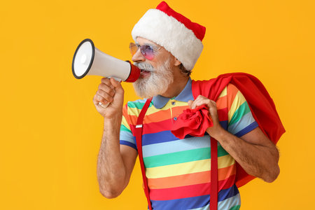 Santa Claus with bag and megaphone on color backgroundの写真素材