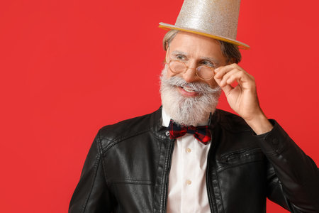 Cool senior man in leather jacket on color backgroundの写真素材