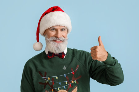 Senior man in Santa hat and Christmas sweater on color backgroundの写真素材