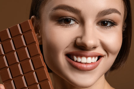 Beautiful woman with sweet chocolate on color background