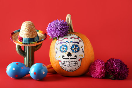 Pumpkin with painted skull on color background. Celebration of Mexico's Day of the Dead (El Dia de Muertos)の写真素材