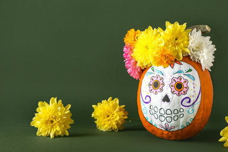 Pumpkin with painted skull on color background. Celebration of Mexico's Day of the Dead (El Dia de...