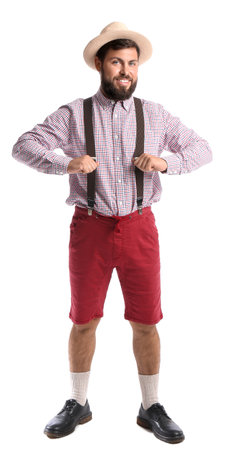 Handsome man in traditional German clothes on white backgroundの写真素材