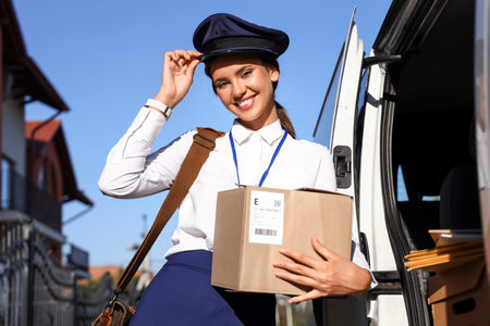 Beautiful postwoman with parcel near carの写真素材