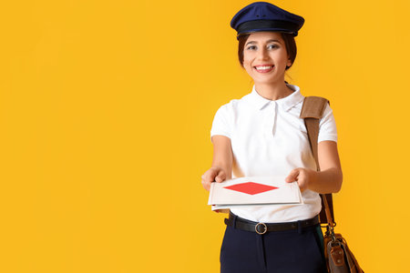 Young postwoman with envelopes and bag on yellow backgroundの写真素材