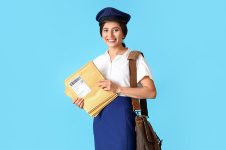 Young postwoman with letters on blue background