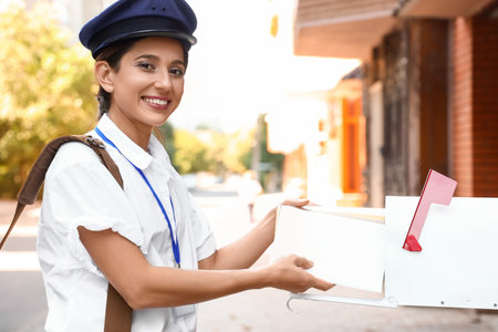 Young postwoman putting letters into mailbox outdoorsの写真素材