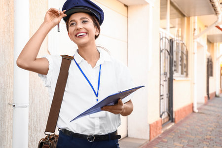 Young postwoman with clipboard outdoors