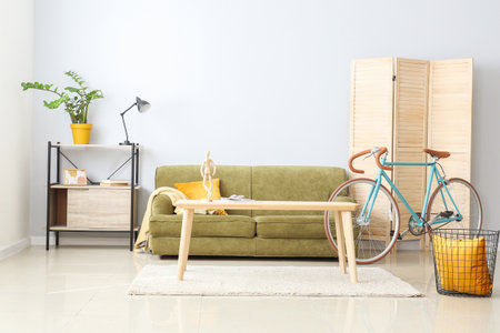 Interior of modern flat with sofa, folding screen, table and bicycleの写真素材