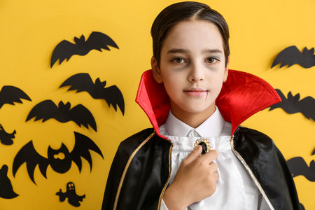 Cute little boy dressed as vampire for Halloween on color backgroundの写真素材