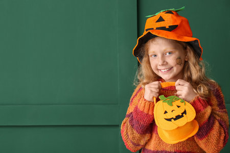 Cute little girl in Halloween costume on color backgroundの写真素材