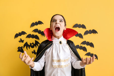 Cute little boy dressed as vampire for Halloween on color backgroundの写真素材