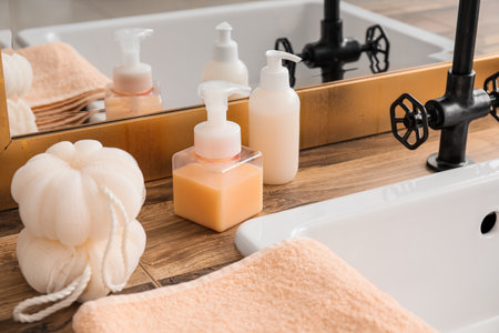 Bath accessories and sink on table near mirror, closeupの写真素材