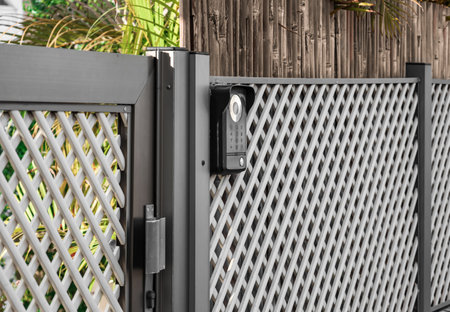 Modern intercom on fence outdoors, closeup