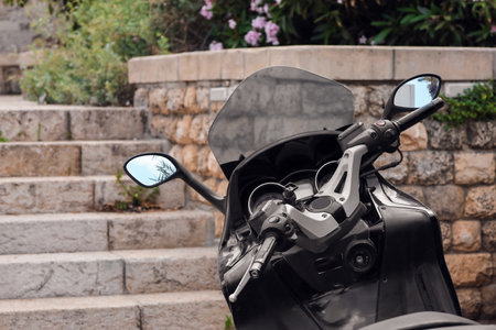 Modern motorcycle on city street, closeup