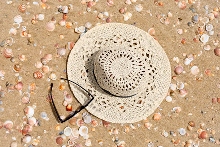 Stylish hat with sunglasses and seashells on sand
